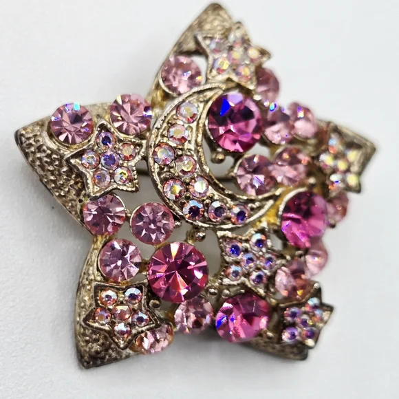 VINTAGE Star Brooch Auro Borealis Moon Stars In Pink Crystals - Picture 3 of 10